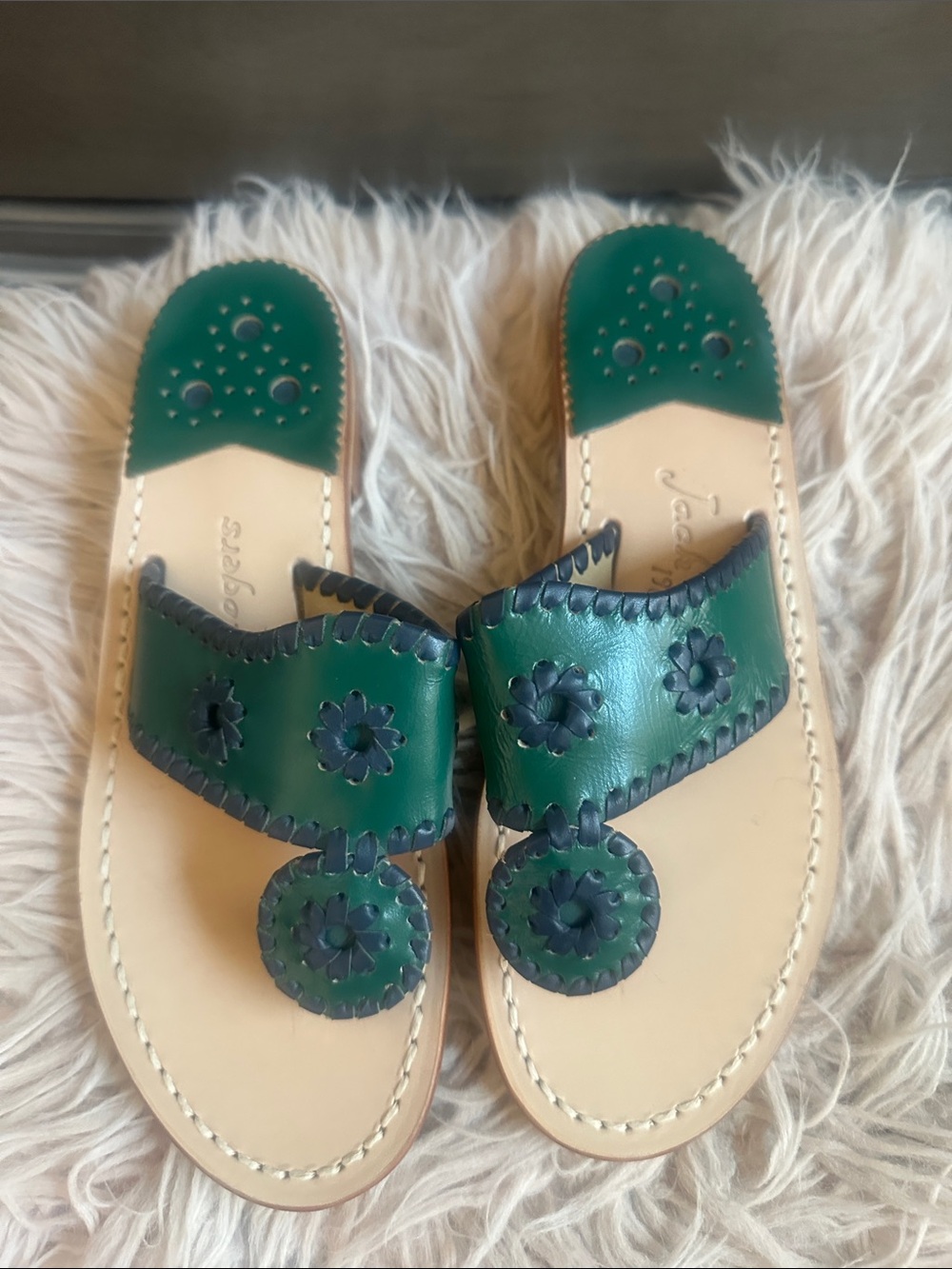 Jack Rogers Green and Navy Leather Thong Sandals